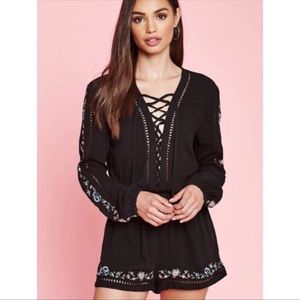Kendall Jenner & Kylie Embroidered Floral Black Crochet XS Designer Romper